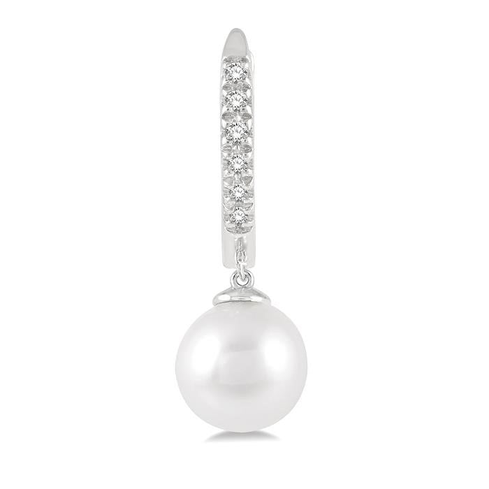 6 MM Round Shape Cultured Pearls and 1/8 Ctw Round Cut Diamond Drop Petite Huggie Earrings 14K White Gold