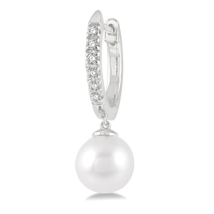 6 MM Round Shape Cultured Pearls and 1/8 Ctw Round Cut Diamond Drop Petite Huggie Earrings 14K White Gold