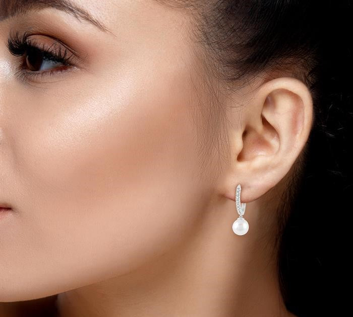 6 MM Round Shape Cultured Pearls and 1/8 Ctw Round Cut Diamond Drop Petite Huggie Earrings 14K White Gold