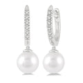 6 MM Round Shape Cultured Pearls and 1/8 Ctw Round Cut Diamond Drop Petite Huggie Earrings 10K White Gold