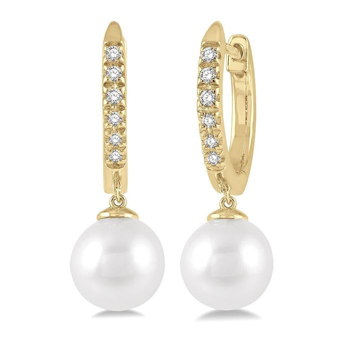 6 MM Round Shape Cultured Pearls and 1/8 Ctw Round Cut Diamond Drop Petite Huggie Earrings 10K Yellow Gold