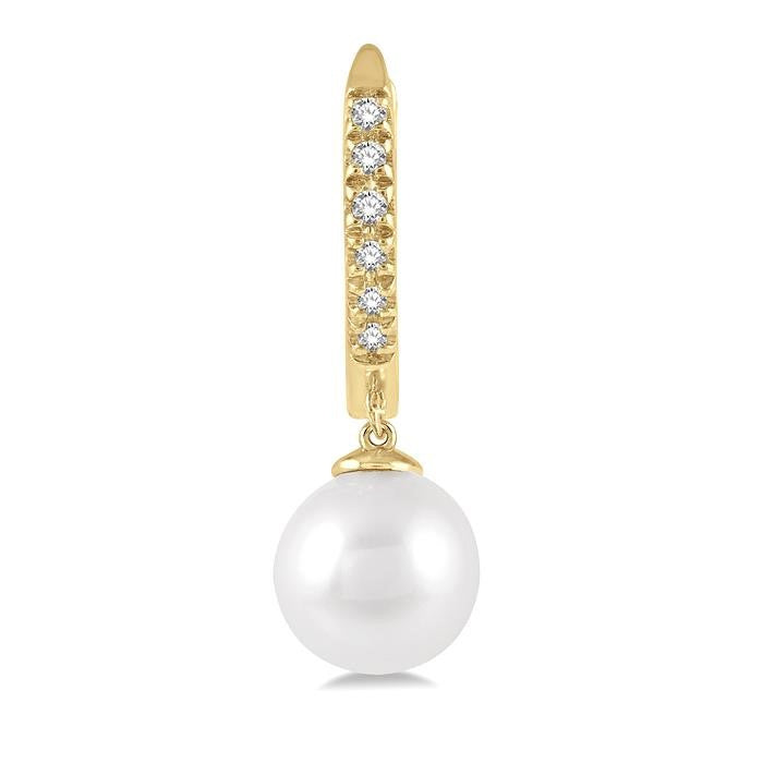 6 MM Round Shape Cultured Pearls and 1/8 Ctw Round Cut Diamond Drop Petite Huggie Earrings 10K Yellow Gold