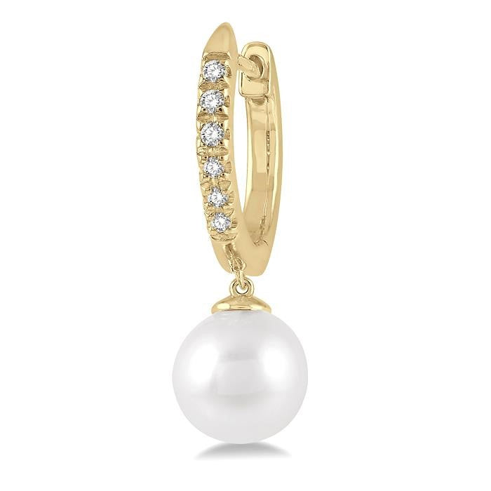 6 MM Round Shape Cultured Pearls and 1/8 Ctw Round Cut Diamond Drop Petite Huggie Earrings 10K Yellow Gold