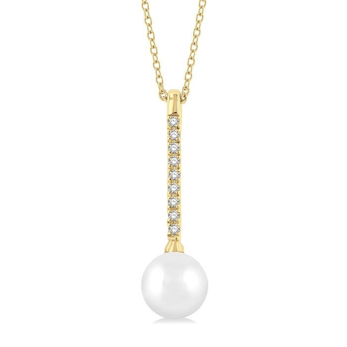 7 MM Round Shape Cultured Pearl and 1/10 Ctw Petite Round Cut Diamond Fashion Pendant With Chain in 10K Yellow Gold