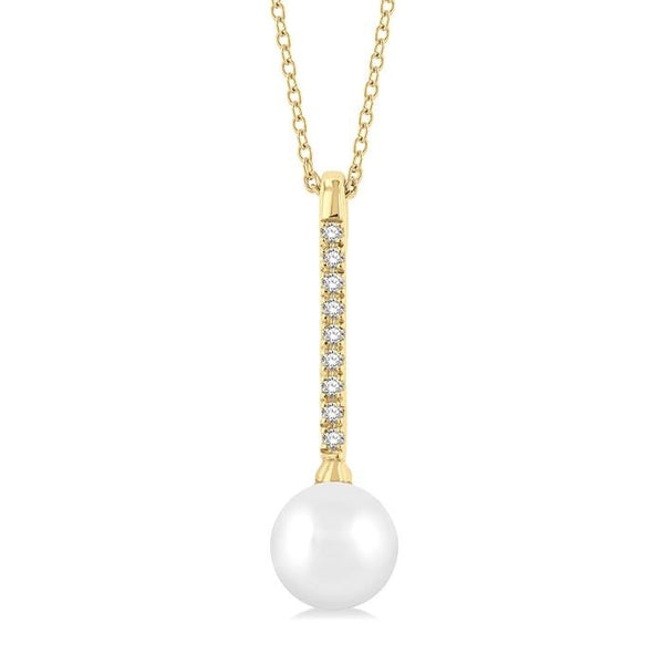 7 MM Round Shape Cultured Pearl and 1/10 Ctw Petite Round Cut Diamond Fashion Pendant With Chain in 10K Yellow Gold