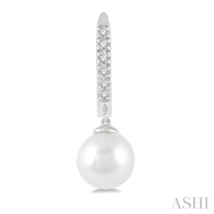 6 MM Round Shape Cultured Pearls and 1/8 Ctw Round Cut Diamond Drop Petite Huggie Earrings 14K White Gold