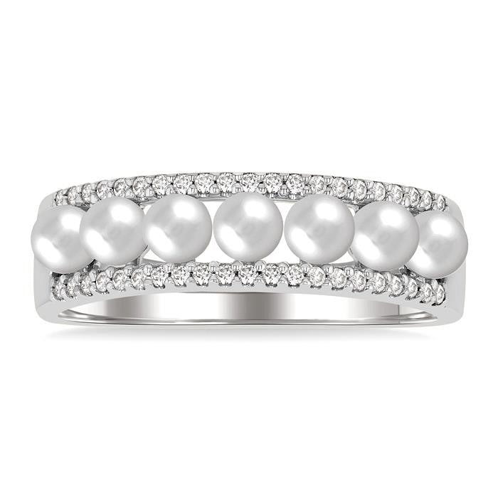 3 MM Cultured Pearl and 1/5 Ctw Round Cut Diamond Fashion Band in 14K White Gold