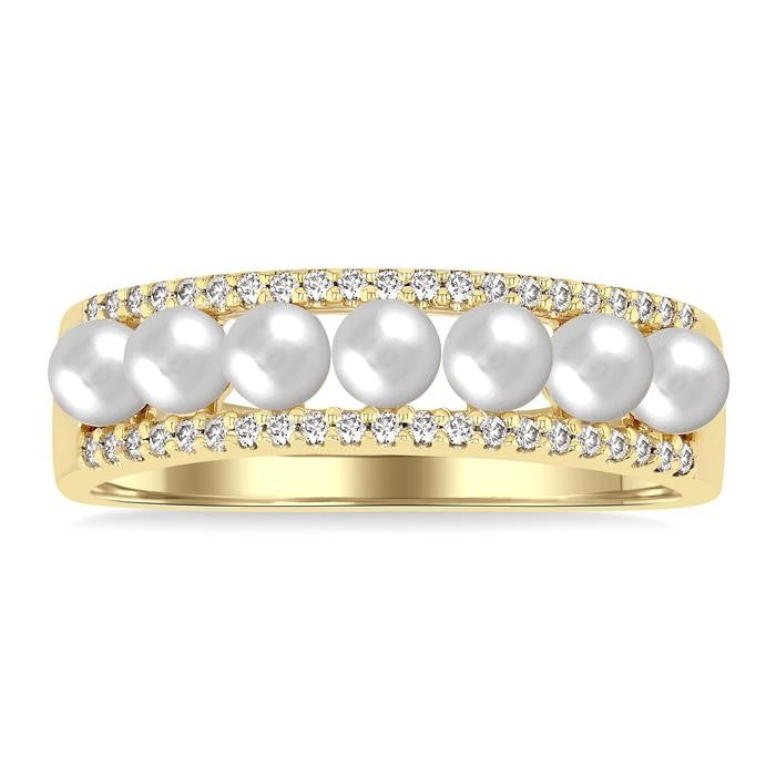 3 MM Cultured Pearl and 1/5 Ctw Round Cut Diamond Fashion Band in 14K Yellow Gold