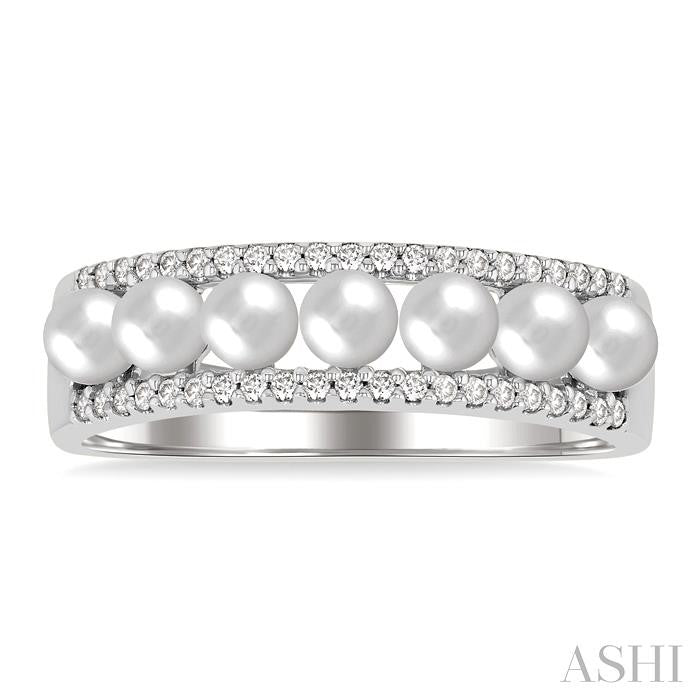 3 MM Cultured Pearl and 1/5 Ctw Round Cut Diamond Fashion Band in 14K White Gold