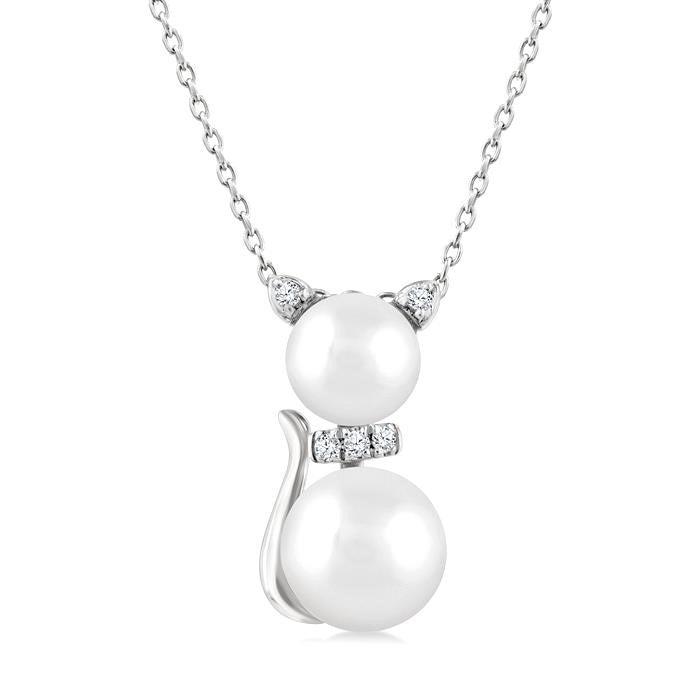 6&7 MM Cultured Pearl and 1/20 Ctw Round Cut Diamond Cat Shape Petite Fashion Pendant With Chain in 10K White Gold