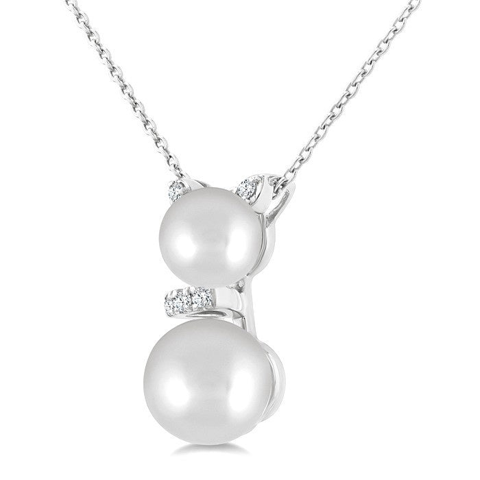 6&7 MM Cultured Pearl and 1/20 Ctw Round Cut Diamond Cat Shape Petite Fashion Pendant With Chain in 10K White Gold