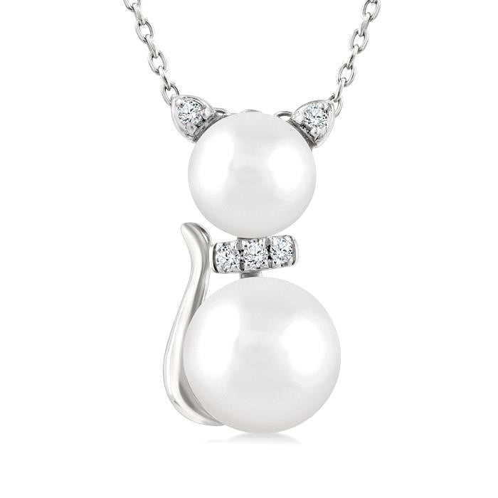 6&7 MM Cultured Pearl and 1/20 Ctw Round Cut Diamond Cat Shape Petite Fashion Pendant With Chain in 10K White Gold