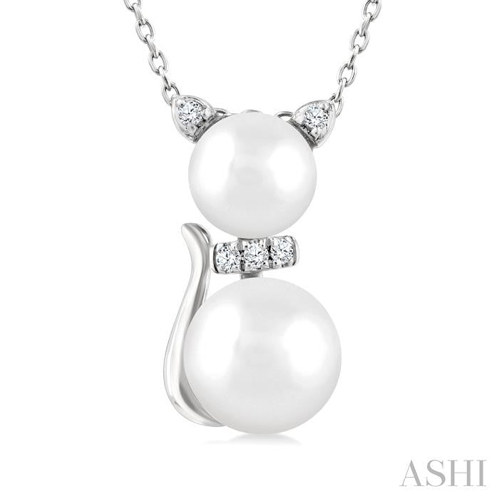 6&7 MM Cultured Pearl and 1/20 Ctw Round Cut Diamond Cat Shape Petite Fashion Pendant With Chain in 10K White Gold