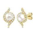 4 MM White Cultured Pearl and 1/6 Ctw Round Cut Diamond Fashion Earrings in 10K Yellow Gold