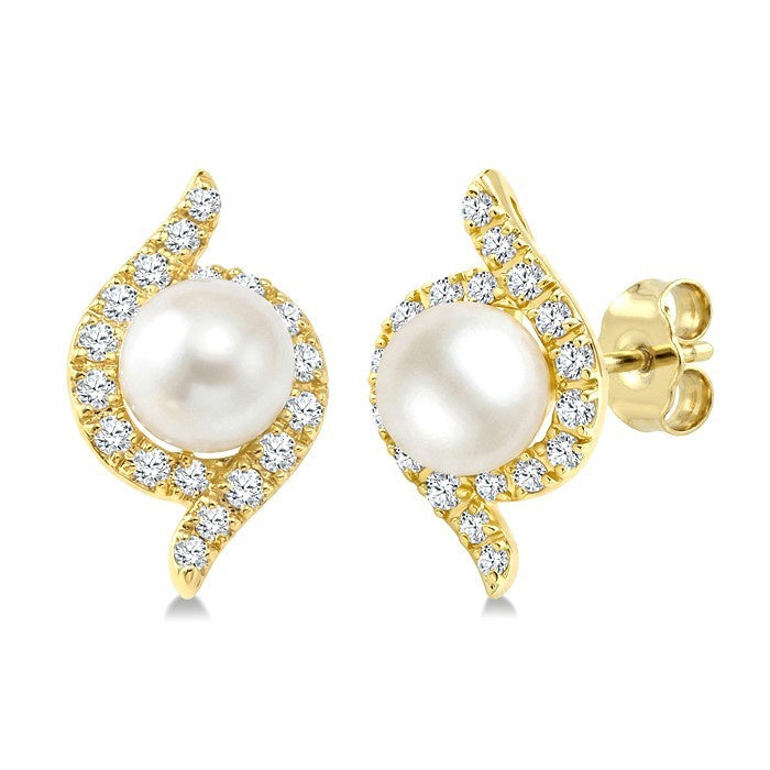 4 MM White Cultured Pearl and 1/6 Ctw Round Cut Diamond Fashion Earrings in 10K Yellow Gold