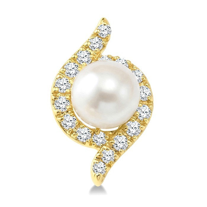 4 MM White Cultured Pearl and 1/6 Ctw Round Cut Diamond Fashion Earrings in 10K Yellow Gold