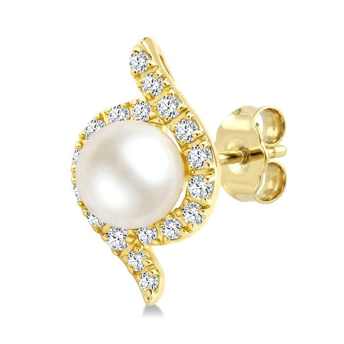 4 MM White Cultured Pearl and 1/6 Ctw Round Cut Diamond Fashion Earrings in 10K Yellow Gold
