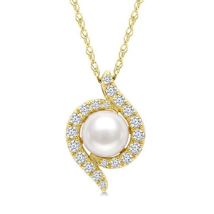 5 MM White Cultured Pearl and 1/8 Ctw Round Cut Diamond Fashion Pendant With Chain in 10K Yellow Gold