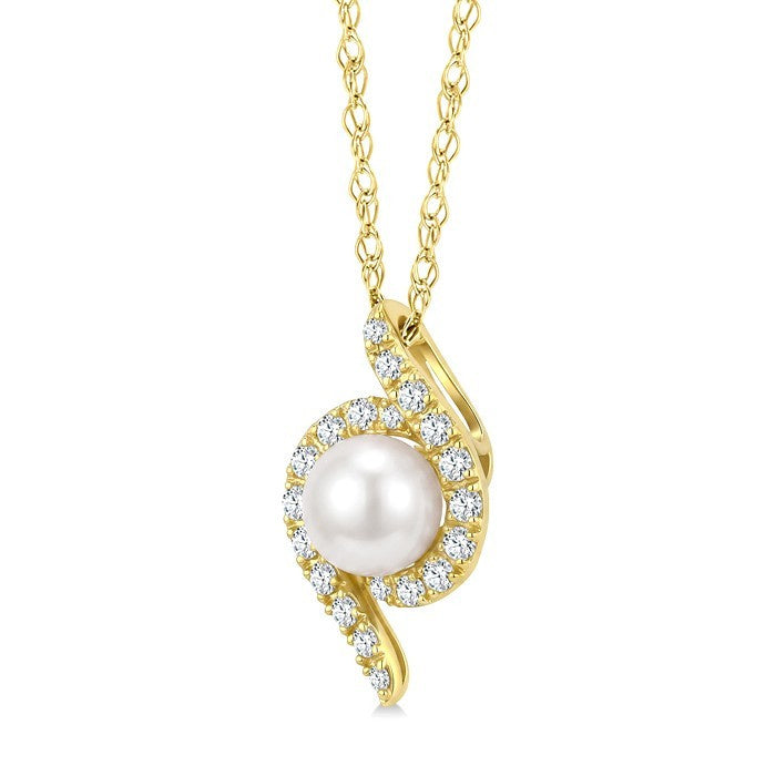 5 MM White Cultured Pearl and 1/8 Ctw Round Cut Diamond Fashion Pendant With Chain in 10K Yellow Gold