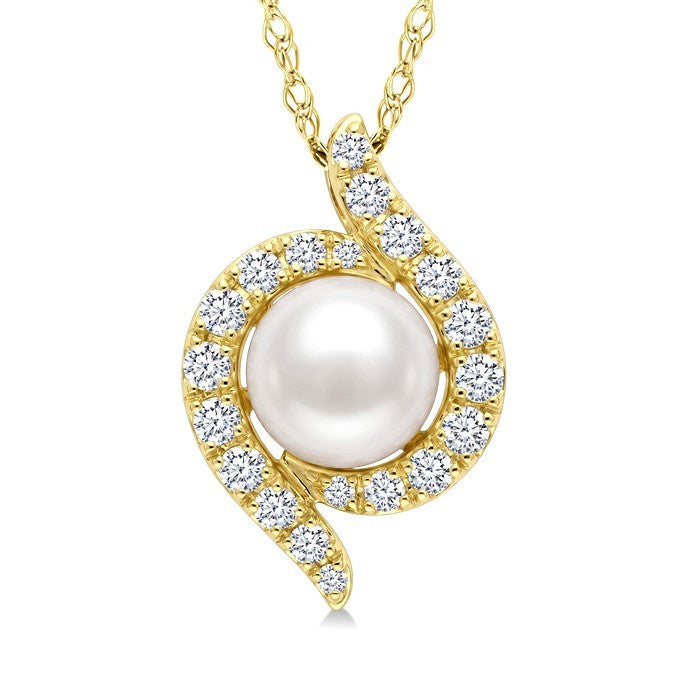 5 MM White Cultured Pearl and 1/8 Ctw Round Cut Diamond Fashion Pendant With Chain in 10K Yellow Gold