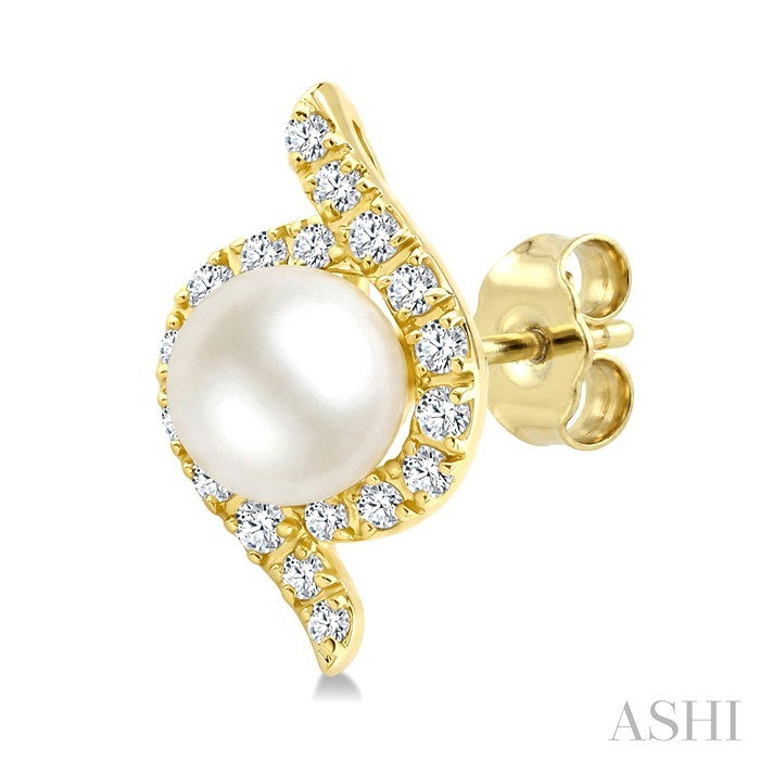 4 MM White Cultured Pearl and 1/6 Ctw Round Cut Diamond Fashion Earrings in 10K Yellow Gold