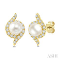 4 MM White Cultured Pearl and 1/6 Ctw Round Cut Diamond Fashion Earrings in 10K Yellow Gold