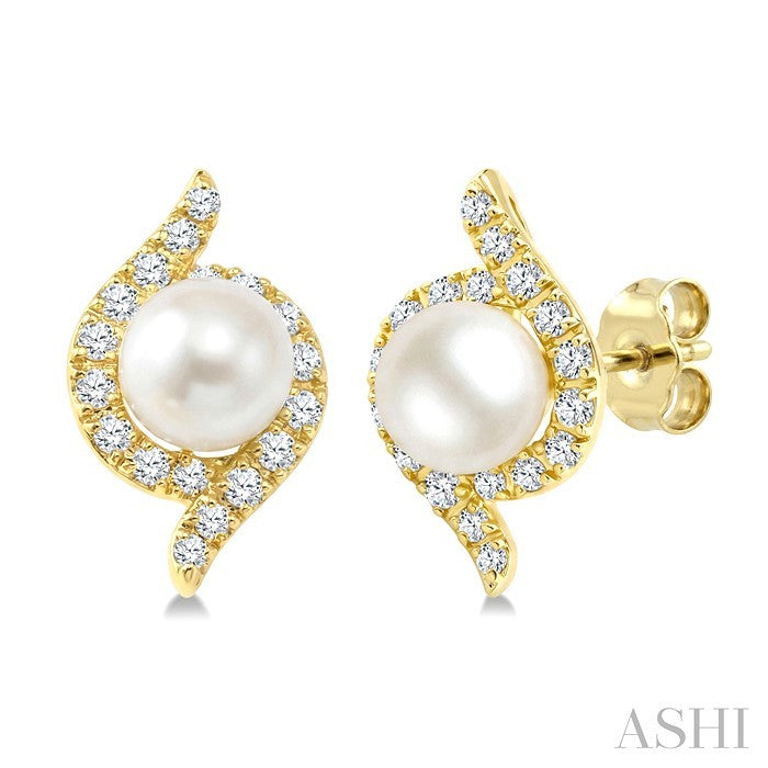 4 MM White Cultured Pearl and 1/6 Ctw Round Cut Diamond Fashion Earrings in 10K Yellow Gold