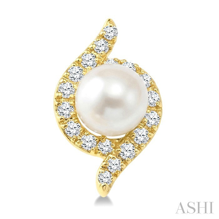 4 MM White Cultured Pearl and 1/6 Ctw Round Cut Diamond Fashion Earrings in 10K Yellow Gold
