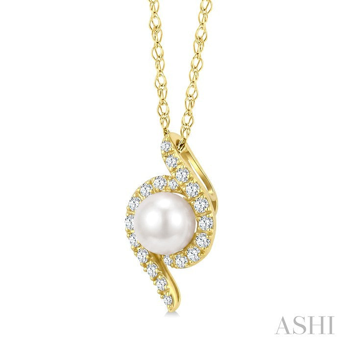 5 MM White Cultured Pearl and 1/8 Ctw Round Cut Diamond Fashion Pendant With Chain in 10K Yellow Gold