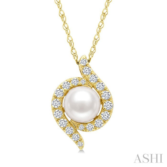 5 MM White Cultured Pearl and 1/8 Ctw Round Cut Diamond Fashion Pendant With Chain in 10K Yellow Gold