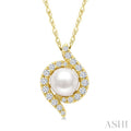 5 MM White Cultured Pearl and 1/8 Ctw Round Cut Diamond Fashion Pendant With Chain in 10K Yellow Gold