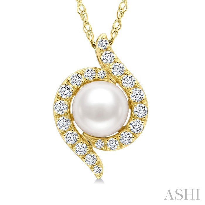 5 MM White Cultured Pearl and 1/8 Ctw Round Cut Diamond Fashion Pendant With Chain in 10K Yellow Gold