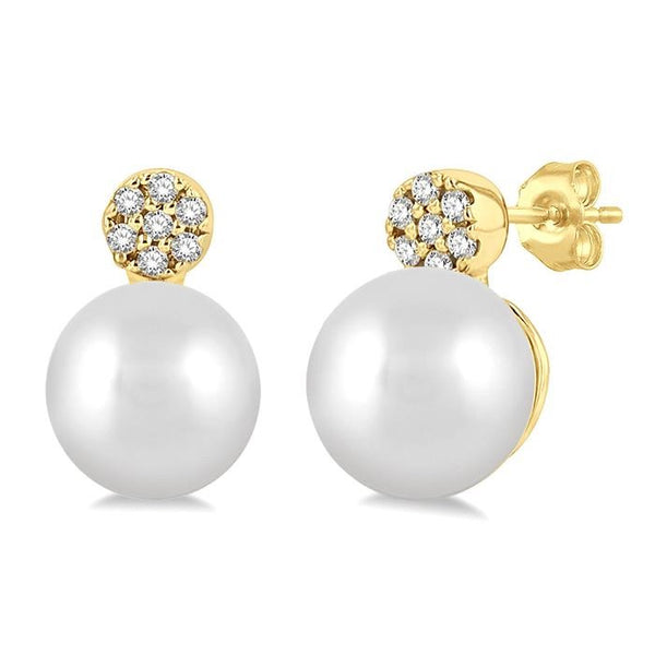 5.5 MM Round Shape Cultured Pearls and 1/20 Ctw Round Cut Diamond Petite Fashion Earrings in 10K Yellow Gold