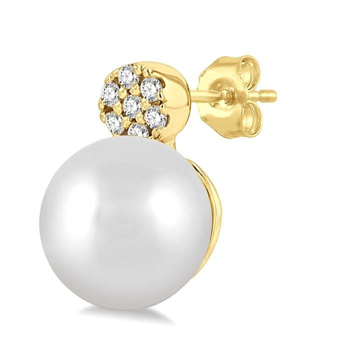 5.5 MM Round Shape Cultured Pearls and 1/20 Ctw Round Cut Diamond Petite Fashion Earrings in 10K Yellow Gold