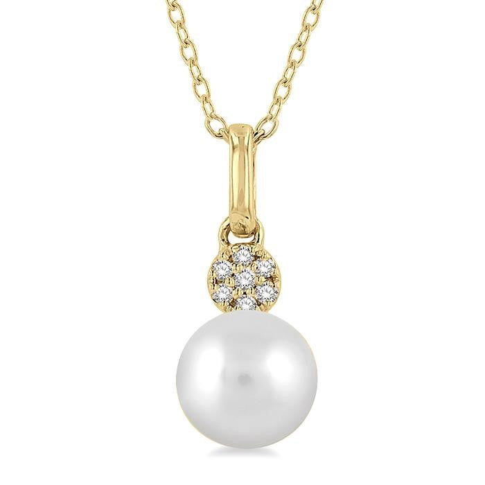 6 MM Round Shape Cultured Pearl and 1/50 Ctw Round Cut Diamond Petite Fashion Pendant With Chain in 10K Yellow Gold