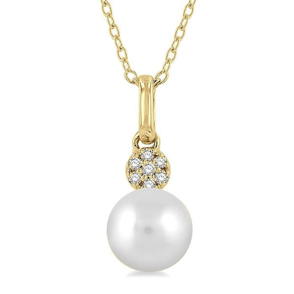 6 MM Round Shape Cultured Pearl and 1/50 Ctw Round Cut Diamond Petite Fashion Pendant With Chain in 10K Yellow Gold