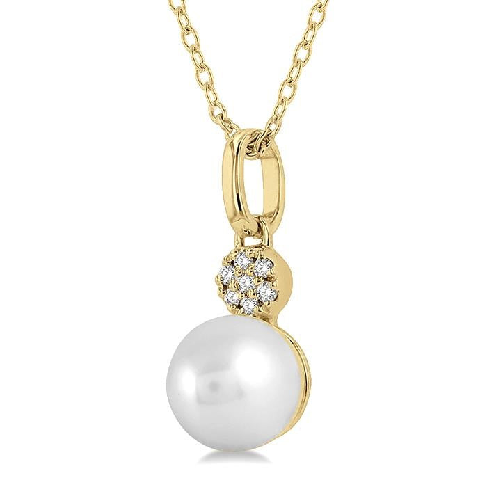 6 MM Round Shape Cultured Pearl and 1/50 Ctw Round Cut Diamond Petite Fashion Pendant With Chain in 10K Yellow Gold