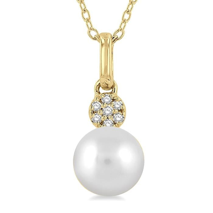 6 MM Round Shape Cultured Pearl and 1/50 Ctw Round Cut Diamond Petite Fashion Pendant With Chain in 10K Yellow Gold