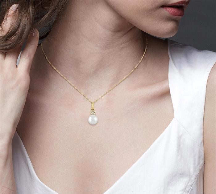 6 MM Round Shape Cultured Pearl and 1/50 Ctw Round Cut Diamond Petite Fashion Pendant With Chain in 10K Yellow Gold