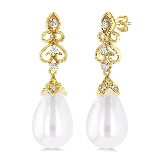 8X6 MM Cultured Pearl and 1/20 Ctw Round Cut Diamond Earrings in 10K Yellow Gold