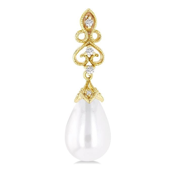 8X6 MM Cultured Pearl and 1/20 Ctw Round Cut Diamond Earrings in 10K Yellow Gold
