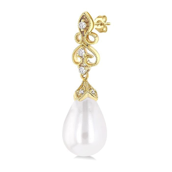 8X6 MM Cultured Pearl and 1/20 Ctw Round Cut Diamond Earrings in 10K Yellow Gold
