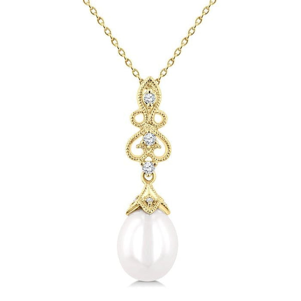 10X8 MM Cultured Pearl and 1/20 Ctw Round Cut Diamond Fashion Pendant With Chain in 10K Yellow Gold