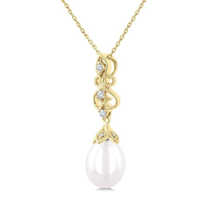 10X8 MM Cultured Pearl and 1/20 Ctw Round Cut Diamond Fashion Pendant With Chain in 10K Yellow Gold