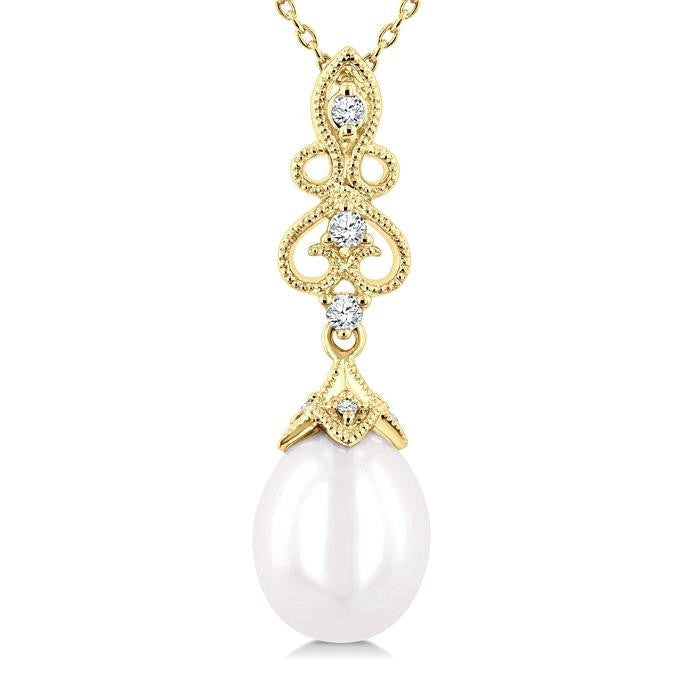 10X8 MM Cultured Pearl and 1/20 Ctw Round Cut Diamond Fashion Pendant With Chain in 10K Yellow Gold
