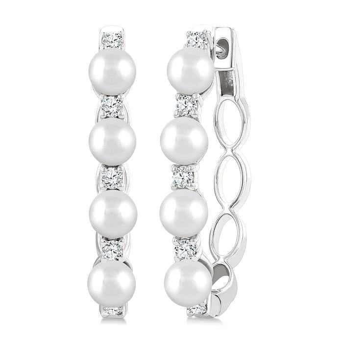 1/4 Ctw 4MM White Pearl and Round Cut Diamond Fashion Hoop Earrings in 14K White Gold