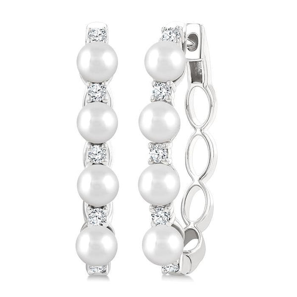 1/4 Ctw 4MM White Pearl and Round Cut Diamond Fashion Hoop Earrings in 14K White Gold