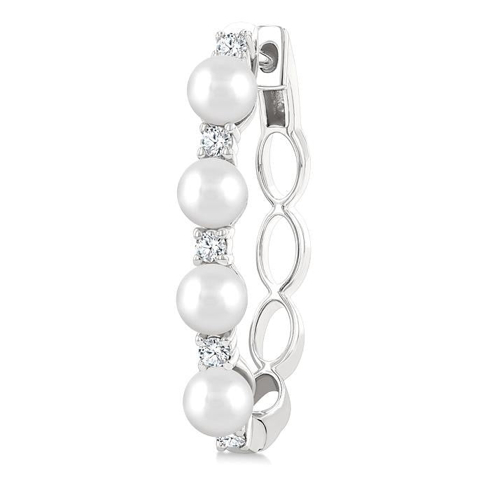 1/4 Ctw 4MM White Pearl and Round Cut Diamond Fashion Hoop Earrings in 14K White Gold