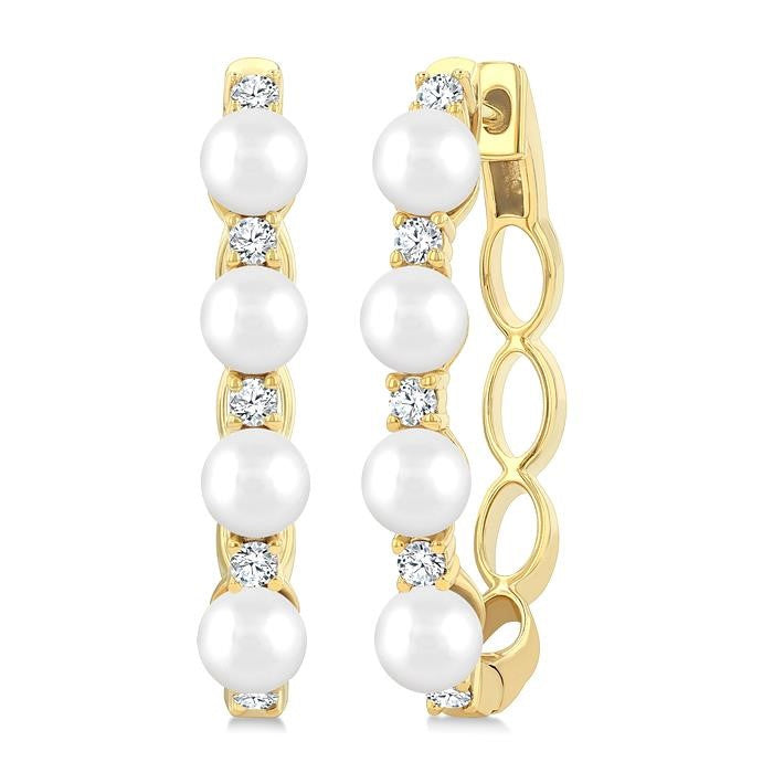 1/4 Ctw 4MM Cultured Pearl and Round Cut Diamond Fashion Hoop Earrings in 14K Yellow Gold