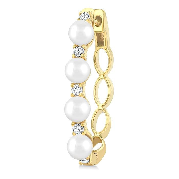 1/4 Ctw 4MM Cultured Pearl and Round Cut Diamond Fashion Hoop Earrings in 14K Yellow Gold